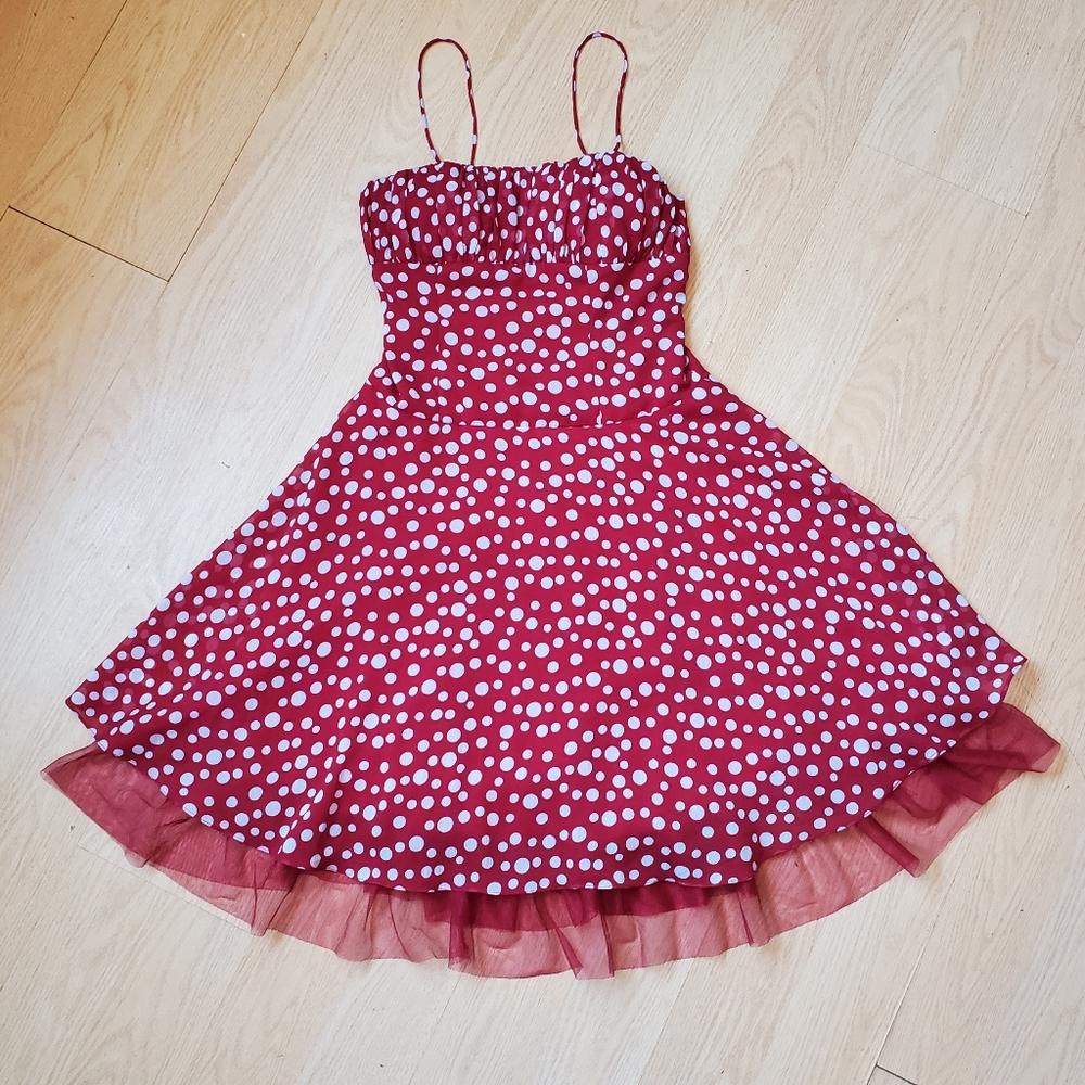 Narianna Woman's Size XS Dark Red Polka-dotted Spaghetti Strap Dress.